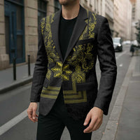 Philippines Barong Style Blazer with Polynesian Art and Leaf Motif Black-Gold Color LT03 - Polynesian Pride