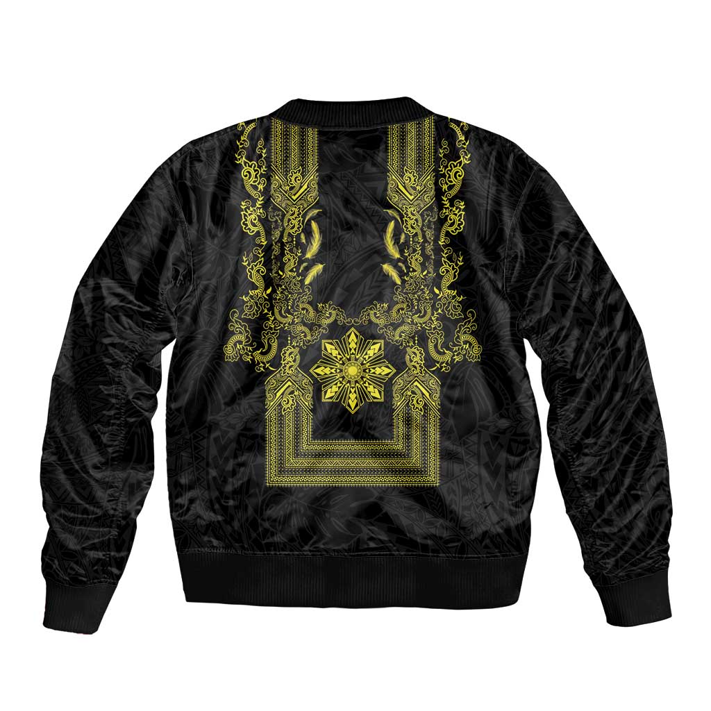 Philippines Barong Style Bomber Jacket with Polynesian Art and Leaf Motif Black-Gold Color LT03 - Polynesian Pride