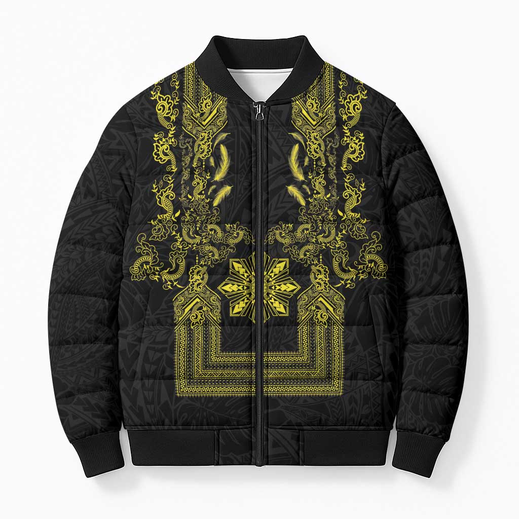 Philippines Barong Style Bomber Puffer Jacket with Polynesian Art and Leaf Motif Black-Gold Color LT03 Unisex Black - Polynesian Pride