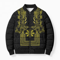 Philippines Barong Style Bomber Puffer Jacket with Polynesian Art and Leaf Motif Black-Gold Color LT03 Unisex Black - Polynesian Pride