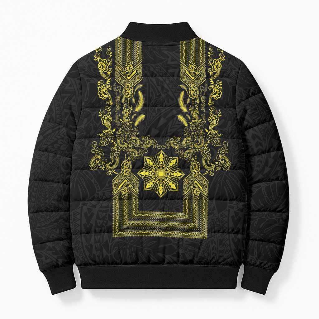 Philippines Barong Style Bomber Puffer Jacket with Polynesian Art and Leaf Motif Black-Gold Color LT03 - Polynesian Pride