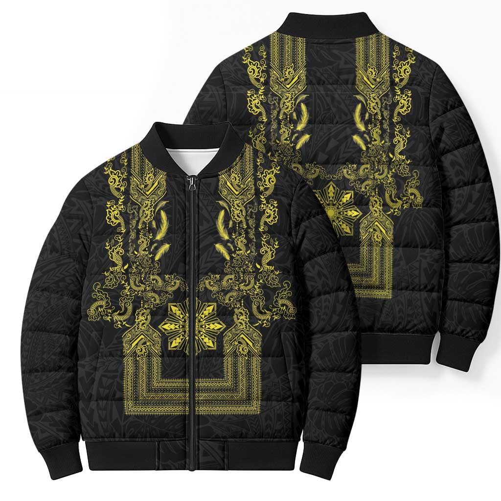 Philippines Barong Style Bomber Puffer Jacket with Polynesian Art and Leaf Motif Black-Gold Color LT03 - Polynesian Pride