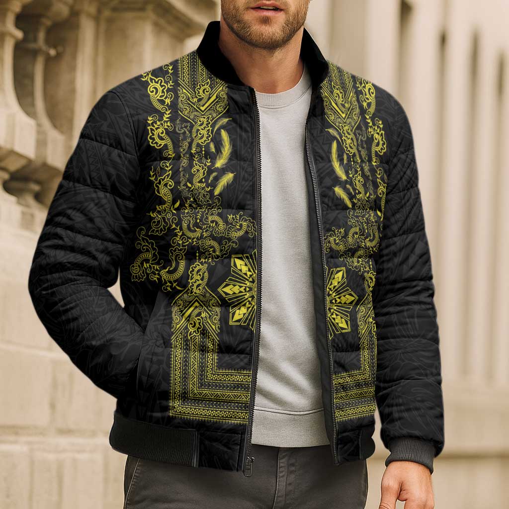 Philippines Barong Style Bomber Puffer Jacket with Polynesian Art and Leaf Motif Black-Gold Color LT03 - Polynesian Pride