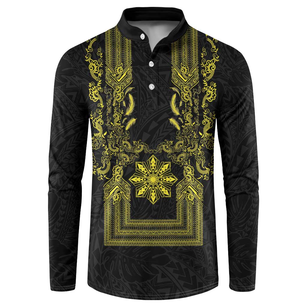 Philippines Barong Style Button Sweatshirt with Polynesian Art and Leaf Motif Black-Gold Color LT03 Black - Polynesian Pride