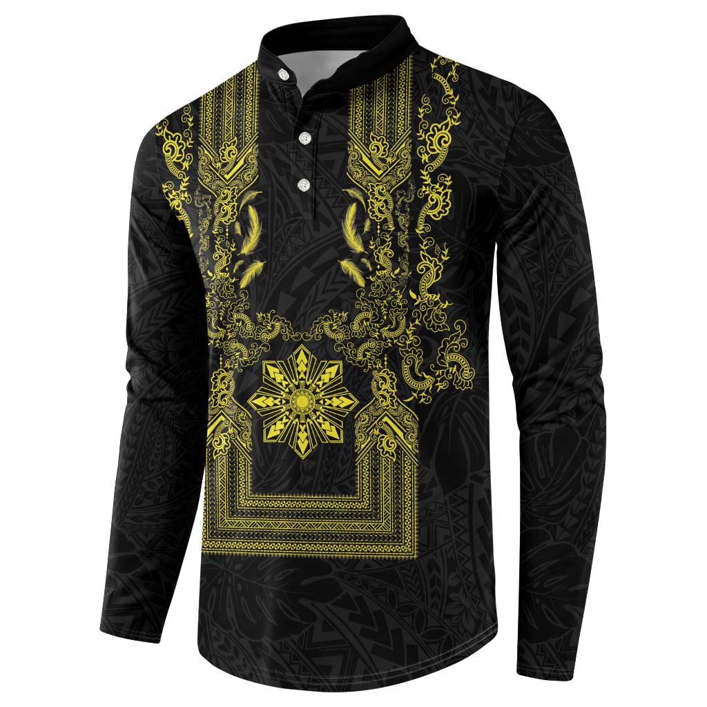 Philippines Barong Style Button Sweatshirt with Polynesian Art and Leaf Motif Black-Gold Color LT03 - Polynesian Pride
