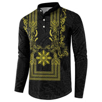 Philippines Barong Style Button Sweatshirt with Polynesian Art and Leaf Motif Black-Gold Color LT03 - Polynesian Pride