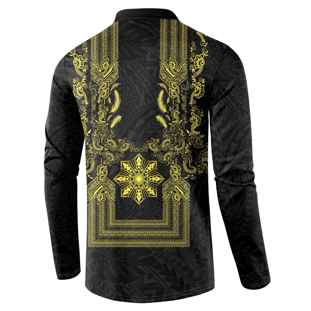 Philippines Barong Style Button Sweatshirt with Polynesian Art and Leaf Motif Black-Gold Color LT03 - Polynesian Pride