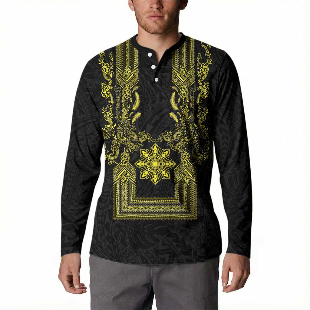 Philippines Barong Style Button Sweatshirt with Polynesian Art and Leaf Motif Black-Gold Color LT03 - Polynesian Pride
