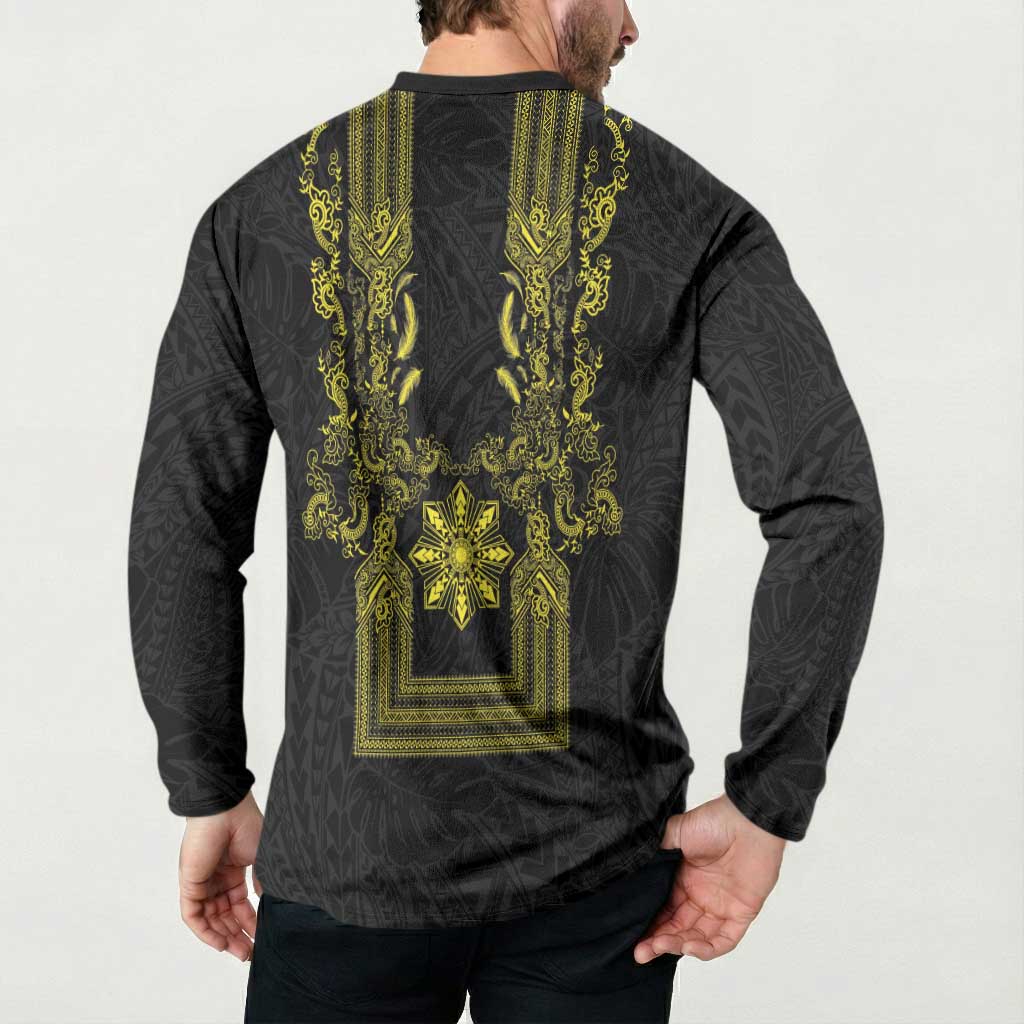 Philippines Barong Style Button Sweatshirt with Polynesian Art and Leaf Motif Black-Gold Color LT03 - Polynesian Pride
