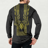 Philippines Barong Style Button Sweatshirt with Polynesian Art and Leaf Motif Black-Gold Color LT03 - Polynesian Pride