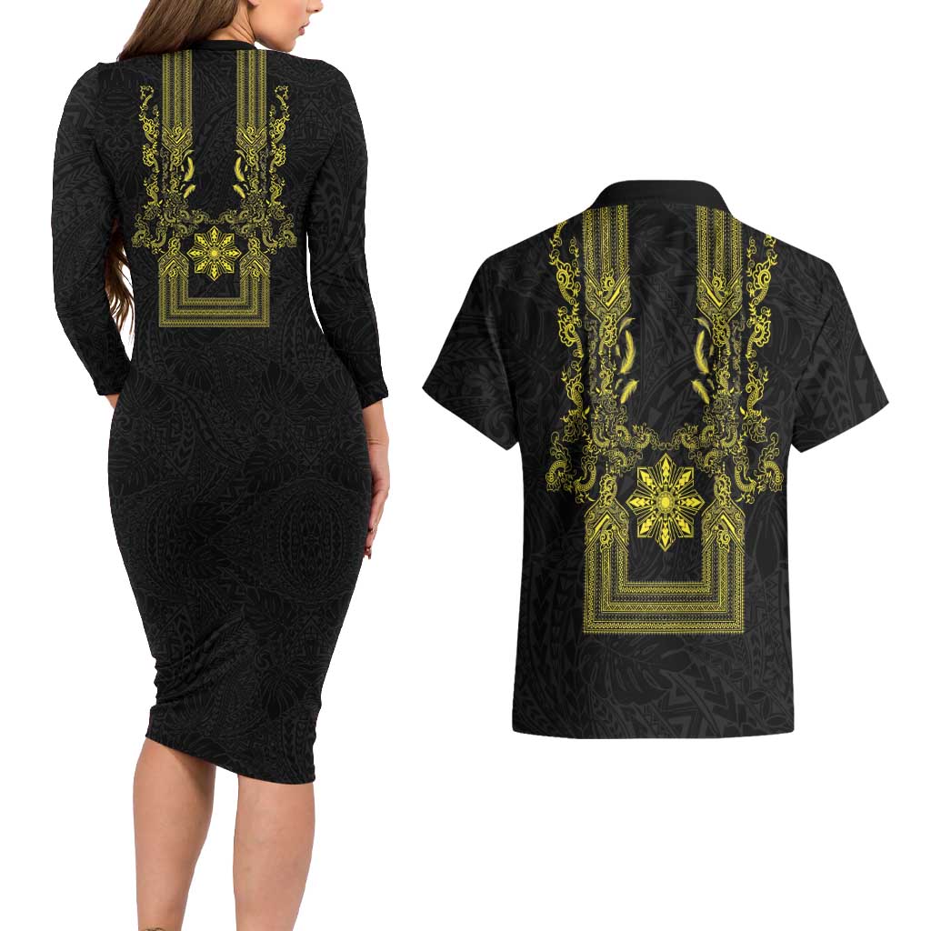 Philippines Barong Style Couples Matching Long Sleeve Bodycon Dress and Hawaiian Shirt with Polynesian Art and Leaf Motif Black-Gold Color