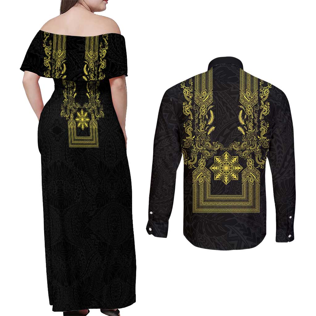 Philippines Barong Style Couples Matching Off Shoulder Maxi Dress and Long Sleeve Button Shirt with Polynesian Art and Leaf Motif Black-Gold Color
