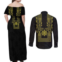 Philippines Barong Style Couples Matching Off Shoulder Maxi Dress and Long Sleeve Button Shirt with Polynesian Art and Leaf Motif Black-Gold Color