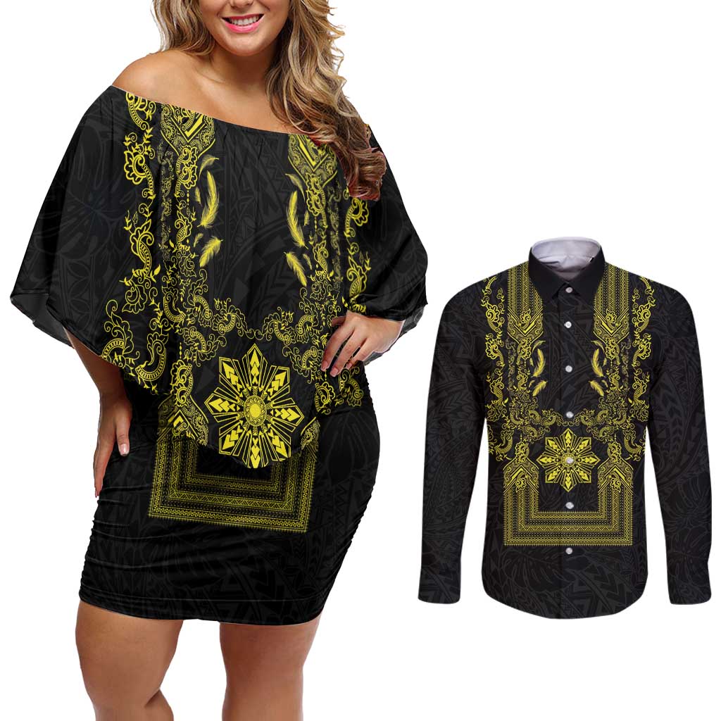 Philippines Barong Style Couples Matching Off Shoulder Short Dress and Long Sleeve Button Shirt with Polynesian Art and Leaf Motif Black-Gold Color LT03 Black - Polynesian Pride