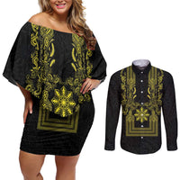 Philippines Barong Style Couples Matching Off Shoulder Short Dress and Long Sleeve Button Shirt with Polynesian Art and Leaf Motif Black-Gold Color