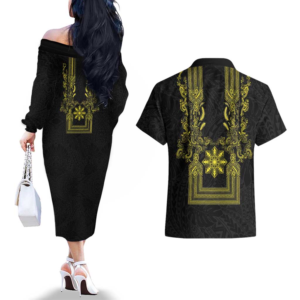 Philippines Barong Style Couples Matching Off The Shoulder Long Sleeve Dress and Hawaiian Shirt with Polynesian Art and Leaf Motif Black-Gold Color
