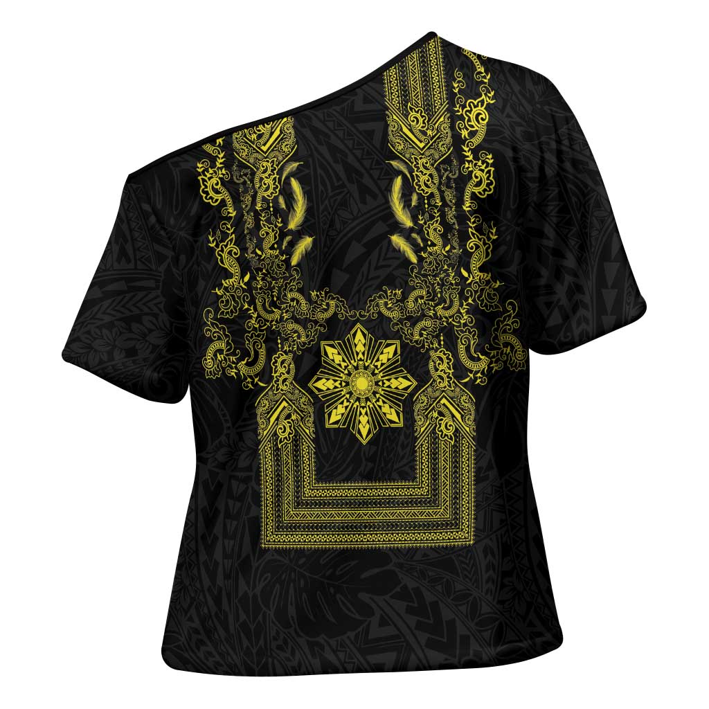 Philippines Barong Style Cross Shoulder Shirt with Polynesian Art and Leaf Motif Black-Gold Color LT03 - Polynesian Pride