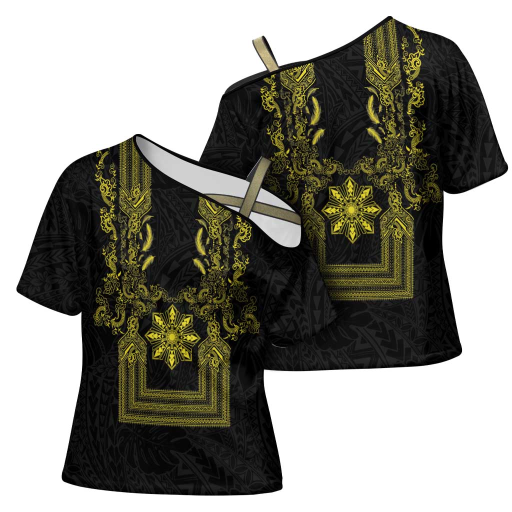 Philippines Barong Style Cross Shoulder Shirt with Polynesian Art and Leaf Motif Black-Gold Color LT03 - Polynesian Pride