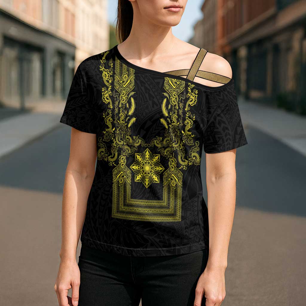 Philippines Barong Style Cross Shoulder Shirt with Polynesian Art and Leaf Motif Black-Gold Color LT03 - Polynesian Pride