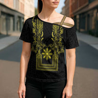 Philippines Barong Style Cross Shoulder Shirt with Polynesian Art and Leaf Motif Black-Gold Color LT03 - Polynesian Pride