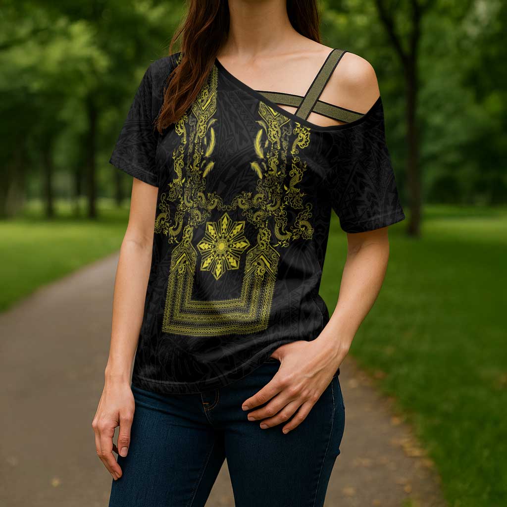 Philippines Barong Style Cross Shoulder Shirt with Polynesian Art and Leaf Motif Black-Gold Color LT03 - Polynesian Pride