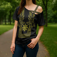 Philippines Barong Style Cross Shoulder Shirt with Polynesian Art and Leaf Motif Black-Gold Color LT03 - Polynesian Pride