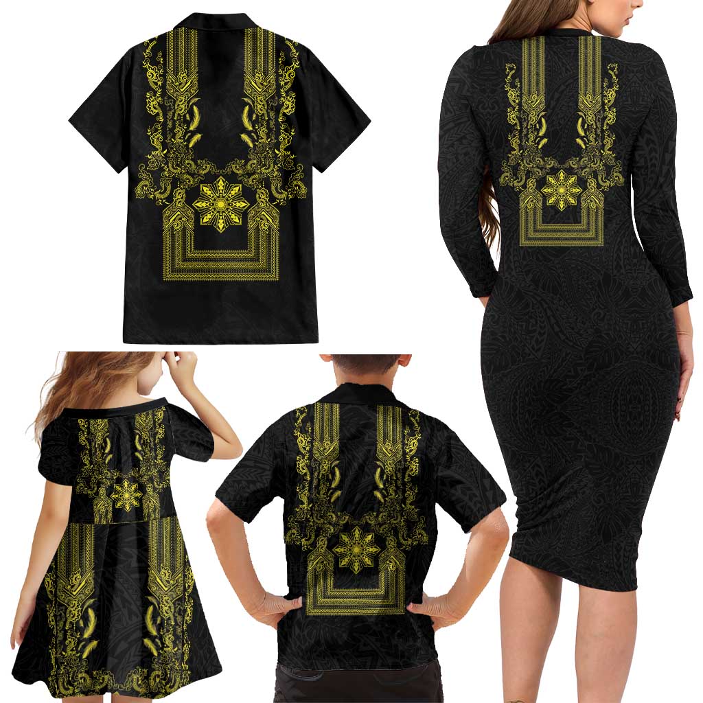 Philippines Barong Style Family Matching Long Sleeve Bodycon Dress and Hawaiian Shirt with Polynesian Art and Leaf Motif Black-Gold Color