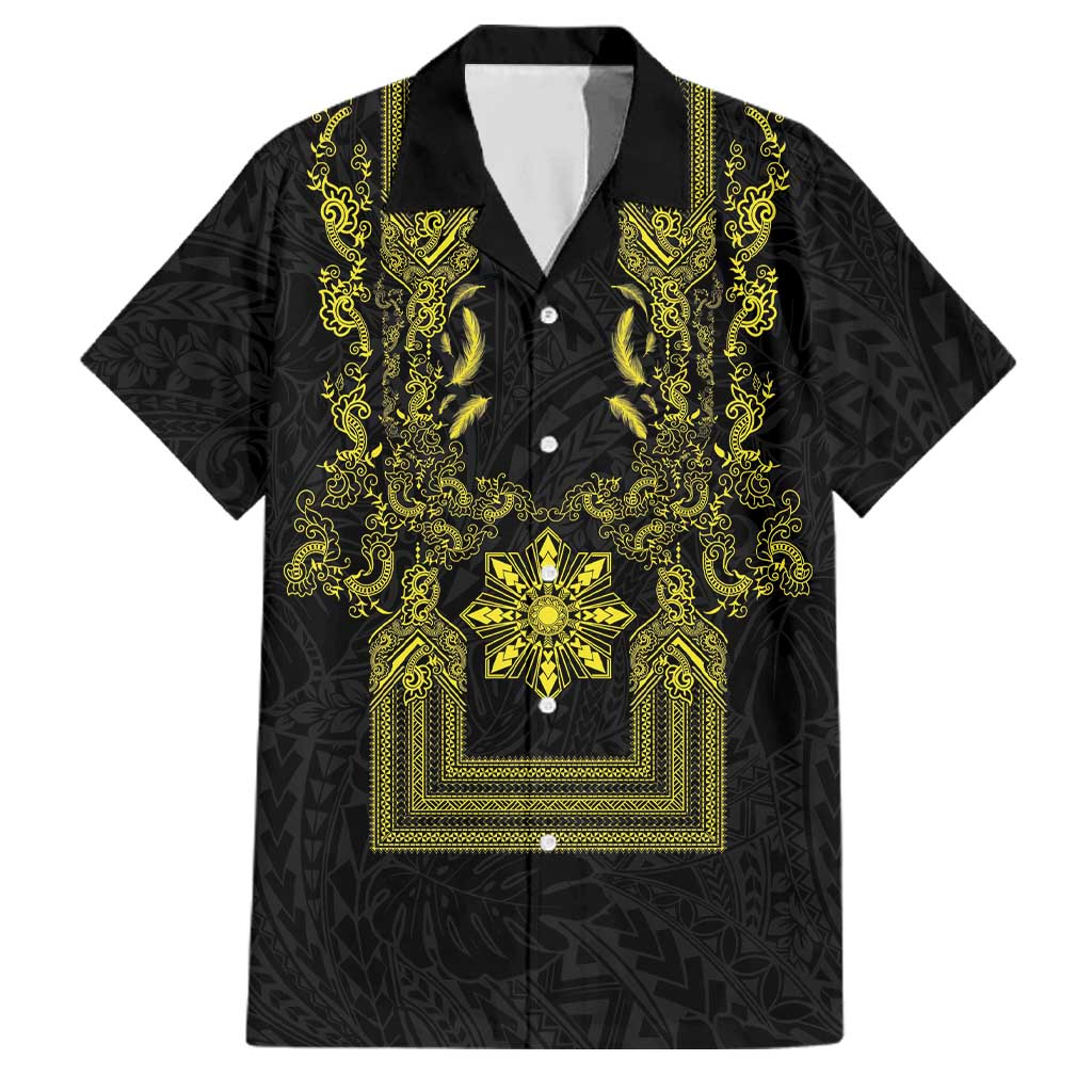 Philippines Barong Style Family Matching Long Sleeve Bodycon Dress and Hawaiian Shirt with Polynesian Art and Leaf Motif Black-Gold Color