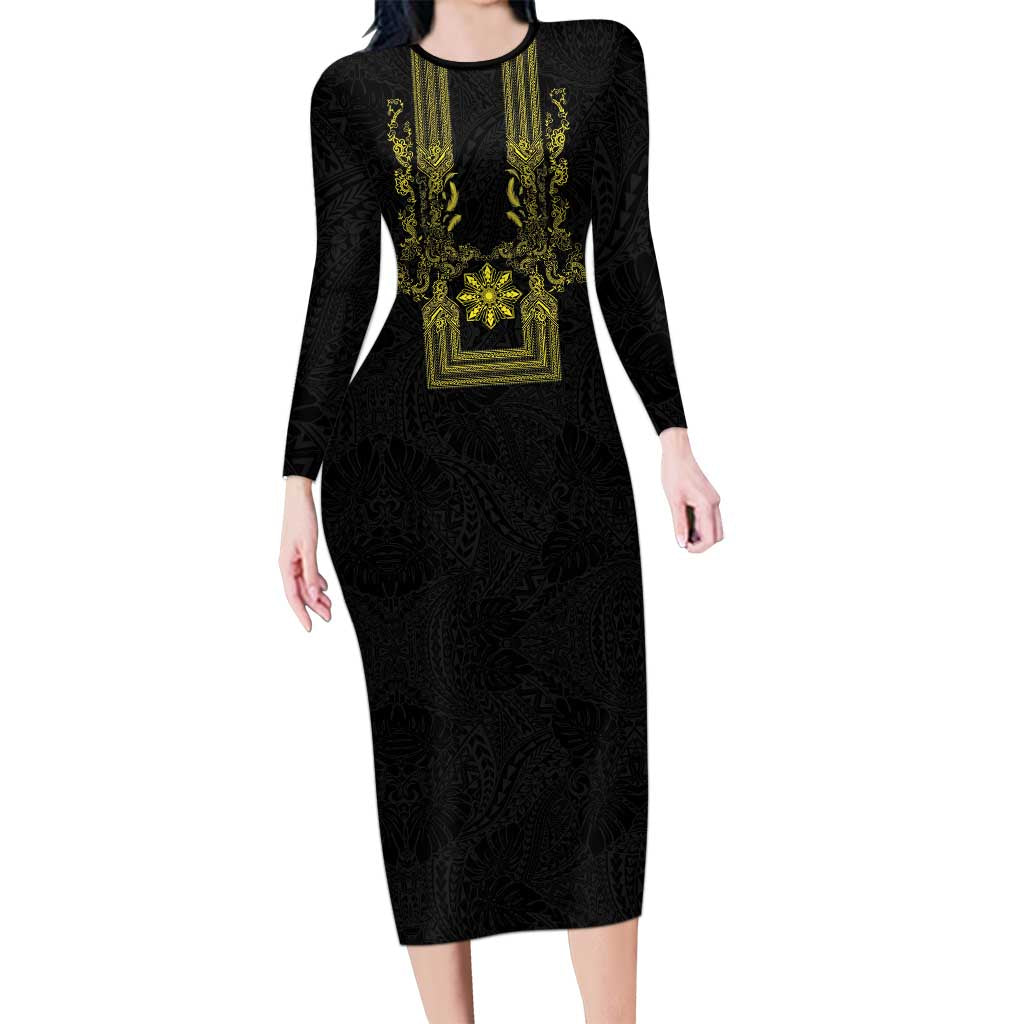 Philippines Barong Style Family Matching Long Sleeve Bodycon Dress and Hawaiian Shirt with Polynesian Art and Leaf Motif Black-Gold Color