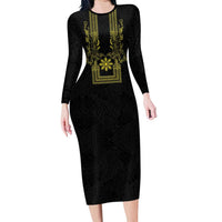 Philippines Barong Style Family Matching Long Sleeve Bodycon Dress and Hawaiian Shirt with Polynesian Art and Leaf Motif Black-Gold Color
