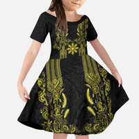 Philippines Barong Style Family Matching Off The Shoulder Long Sleeve Dress and Hawaiian Shirt with Polynesian Art and Leaf Motif Black-Gold Color