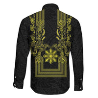 Philippines Barong Style Family Matching Off The Shoulder Long Sleeve Dress and Hawaiian Shirt with Polynesian Art and Leaf Motif Black-Gold Color