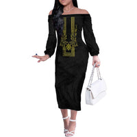 Philippines Barong Style Family Matching Off The Shoulder Long Sleeve Dress and Hawaiian Shirt with Polynesian Art and Leaf Motif Black-Gold Color