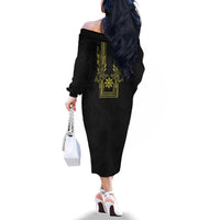 Philippines Barong Style Family Matching Off The Shoulder Long Sleeve Dress and Hawaiian Shirt with Polynesian Art and Leaf Motif Black-Gold Color