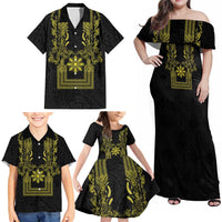 Philippines Barong Style Family Matching Off Shoulder Maxi Dress and Hawaiian Shirt with Polynesian Art and Leaf Motif Black-Gold Color