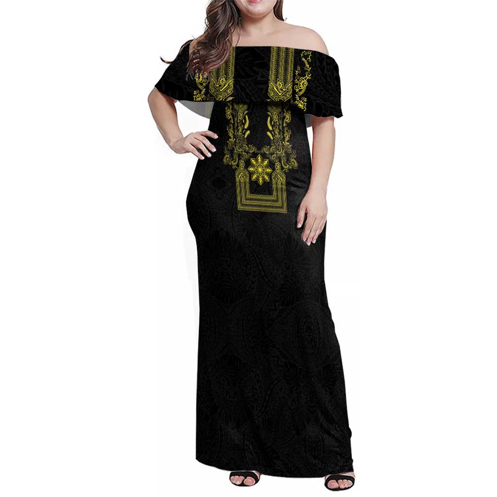Philippines Barong Style Family Matching Off Shoulder Maxi Dress and Hawaiian Shirt with Polynesian Art and Leaf Motif Black-Gold Color