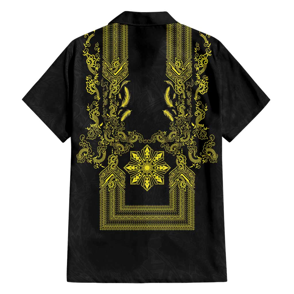 Philippines Barong Style Family Matching Puletasi and Hawaiian Shirt with Polynesian Art and Leaf Motif Black-Gold Color