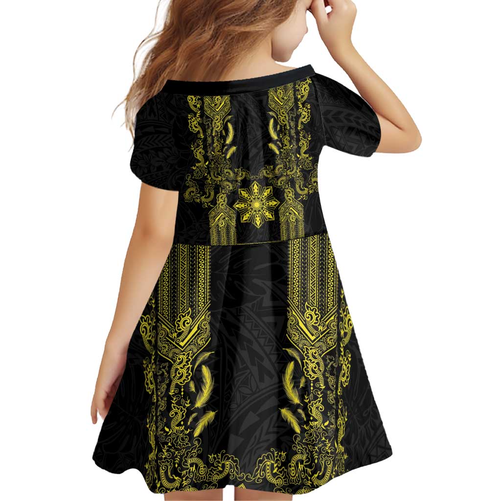 Philippines Barong Style Family Matching Short Sleeve Bodycon Dress and Hawaiian Shirt with Polynesian Art and Leaf Motif Black-Gold Color