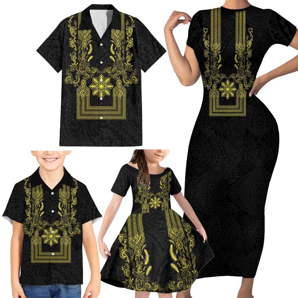Philippines Barong Style Family Matching Short Sleeve Bodycon Dress and Hawaiian Shirt with Polynesian Art and Leaf Motif Black-Gold Color