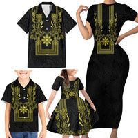 Philippines Barong Style Family Matching Short Sleeve Bodycon Dress and Hawaiian Shirt with Polynesian Art and Leaf Motif Black-Gold Color