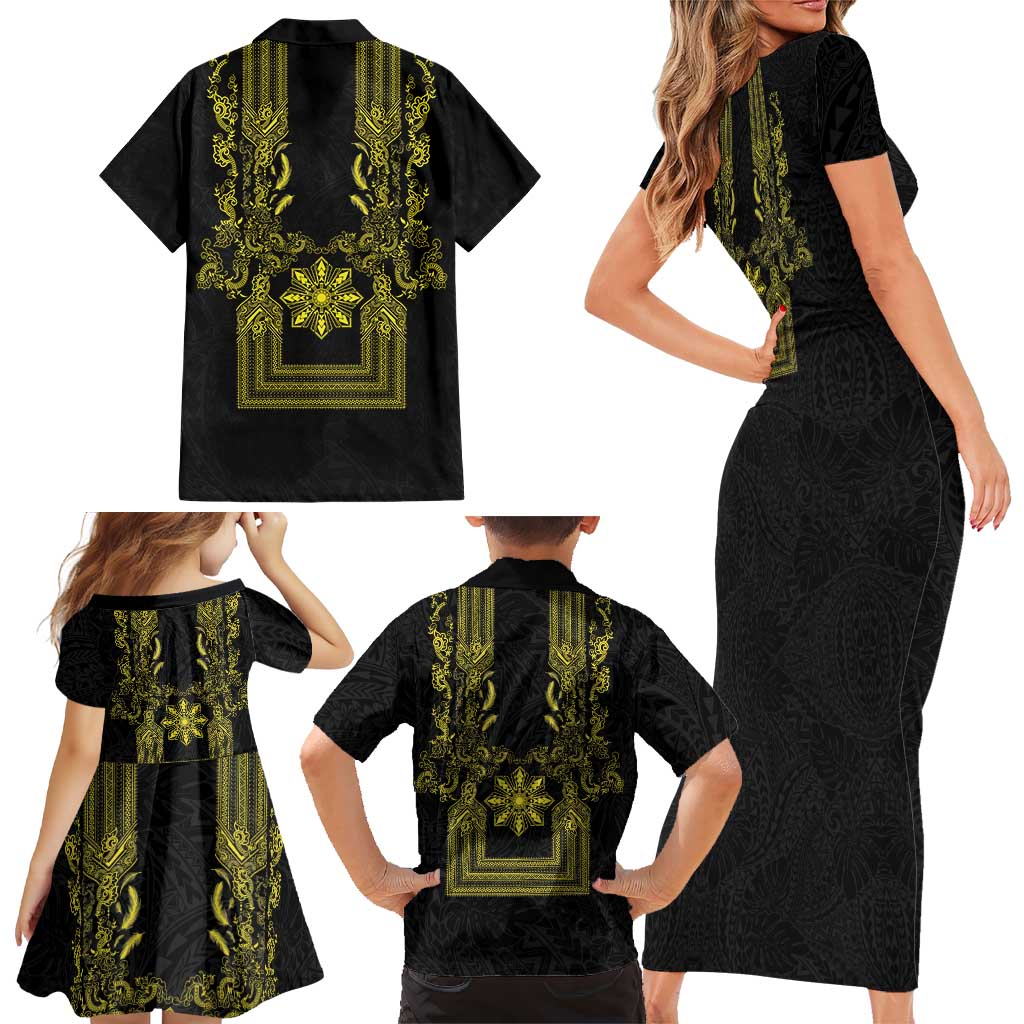 Philippines Barong Style Family Matching Short Sleeve Bodycon Dress and Hawaiian Shirt with Polynesian Art and Leaf Motif Black-Gold Color