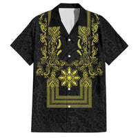 Philippines Barong Style Family Matching Short Sleeve Bodycon Dress and Hawaiian Shirt with Polynesian Art and Leaf Motif Black-Gold Color