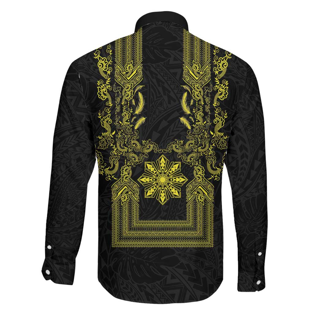 Philippines Barong Style Family Matching Short Sleeve Bodycon Dress and Hawaiian Shirt with Polynesian Art and Leaf Motif Black-Gold Color