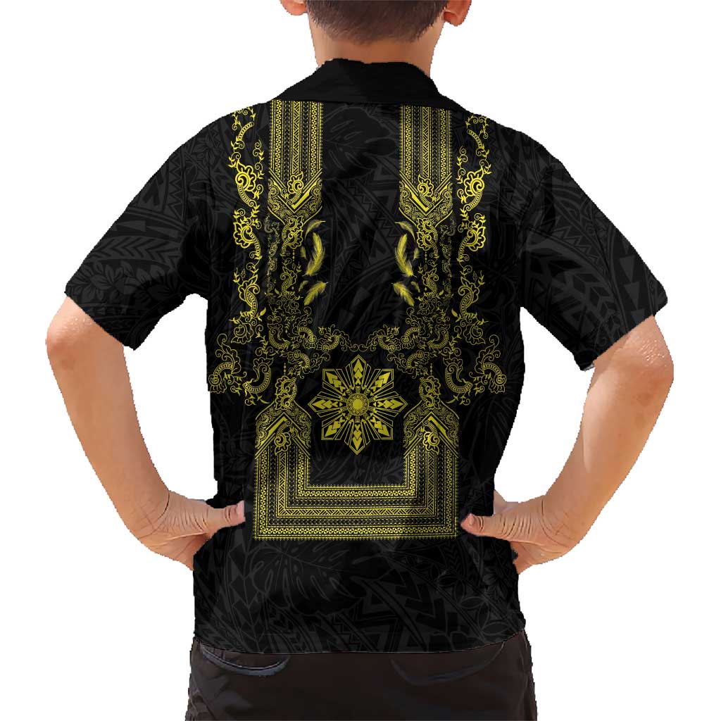 Philippines Barong Style Family Matching Summer Maxi Dress and Hawaiian Shirt with Polynesian Art and Leaf Motif Black-Gold Color