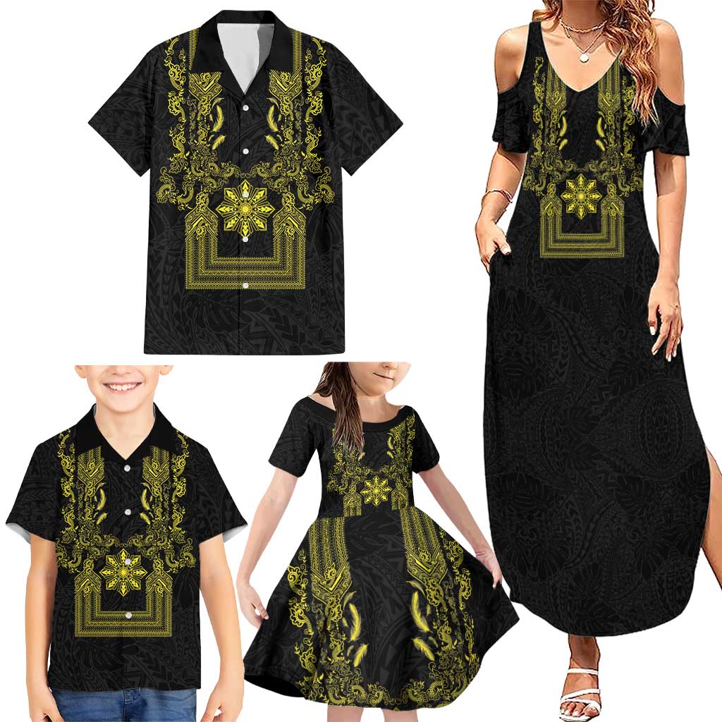 Philippines Barong Style Family Matching Summer Maxi Dress and Hawaiian Shirt with Polynesian Art and Leaf Motif Black-Gold Color LT03 - Polynesian Pride