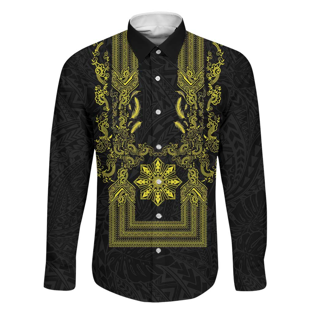 Philippines Barong Style Family Matching Summer Maxi Dress and Hawaiian Shirt with Polynesian Art and Leaf Motif Black-Gold Color