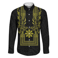 Philippines Barong Style Family Matching Summer Maxi Dress and Hawaiian Shirt with Polynesian Art and Leaf Motif Black-Gold Color
