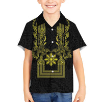 Philippines Barong Style Family Matching Summer Maxi Dress and Hawaiian Shirt with Polynesian Art and Leaf Motif Black-Gold Color