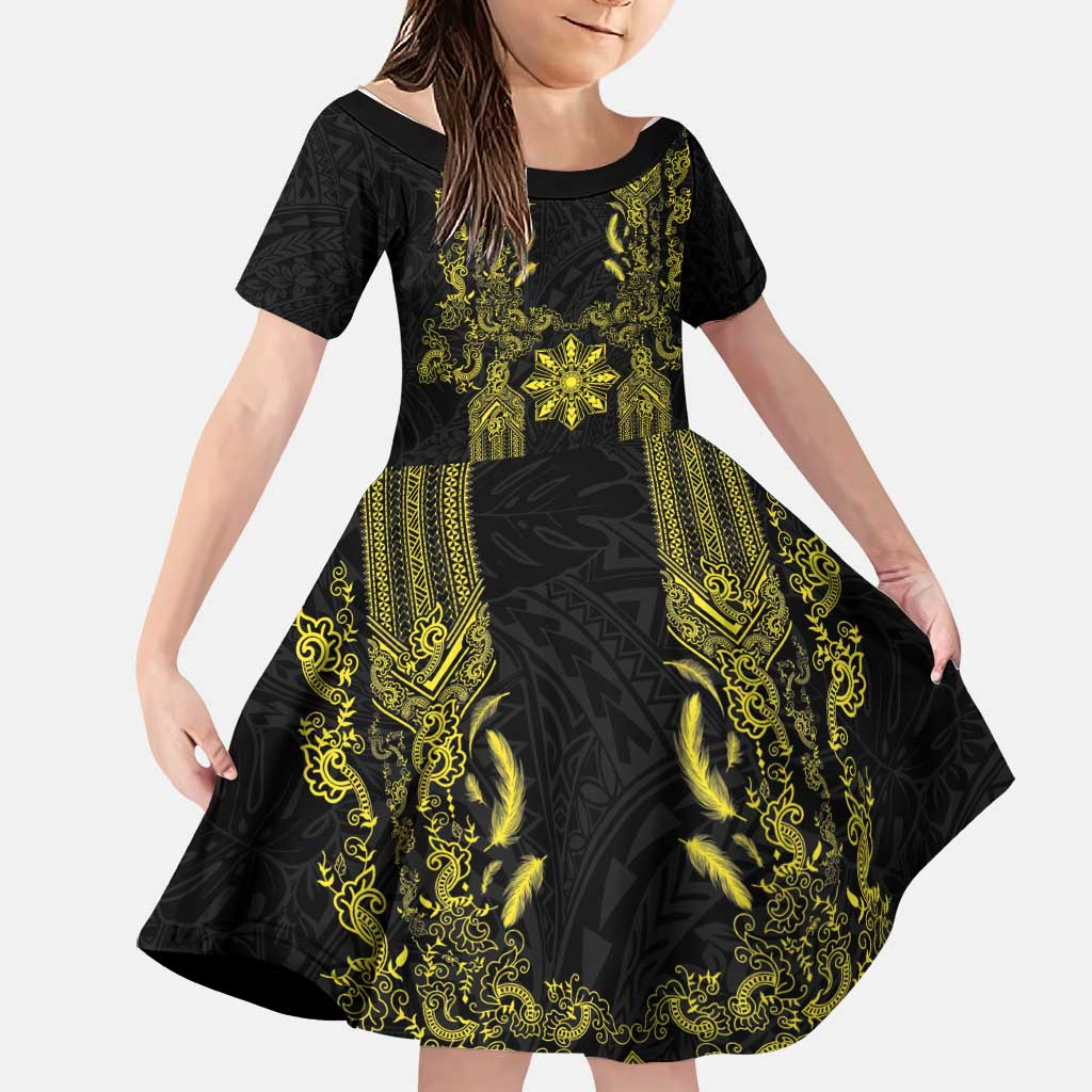 Philippines Barong Style Family Matching Tank Maxi Dress and Hawaiian Shirt with Polynesian Art and Leaf Motif Black-Gold Color