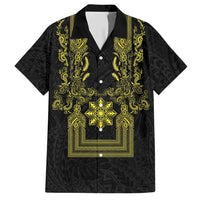 Philippines Barong Style Hawaiian Shirt with Polynesian Art and Leaf Motif Black-Gold Color LT03 Black - Polynesian Pride